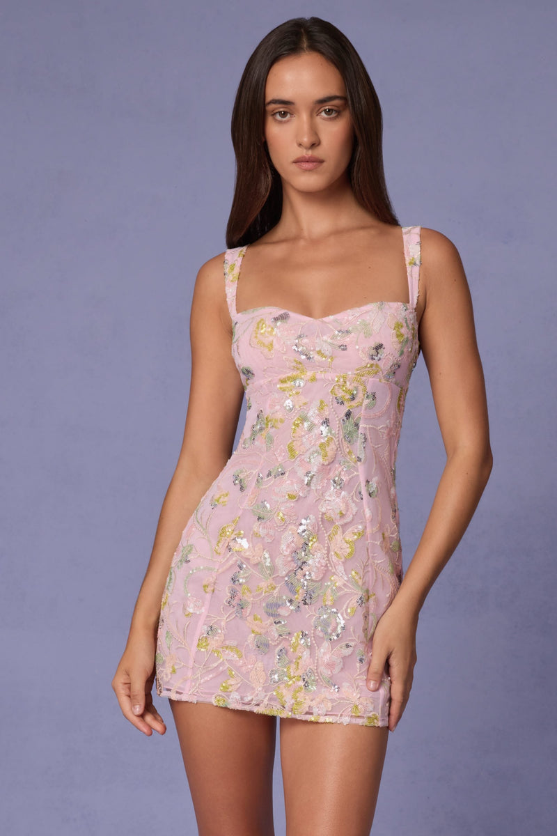 Embellished A-line Mini Dress in Soft Pink