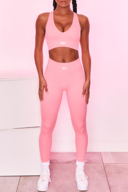 Ribbed Plunge Neck Sports Bra in Coral