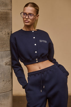 Button-Up Cropped Cardigan in Classic Navy