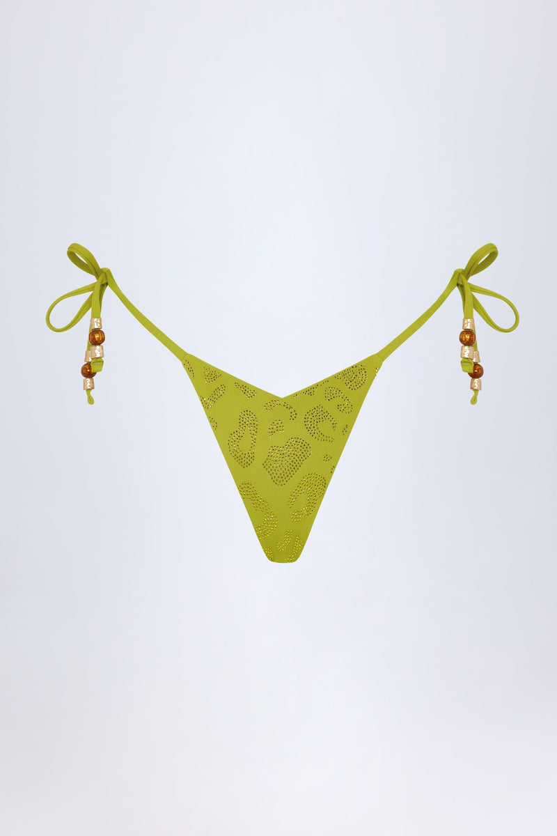 Charm-Detail Thong Bikini Bottoms in Olive Green