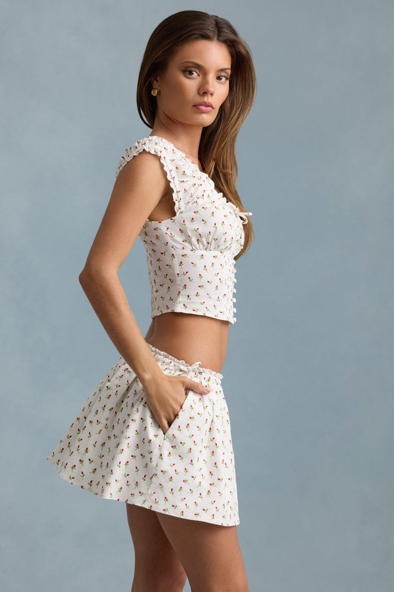 Ruched Cotton-Poplin Corset Top in Rose Print