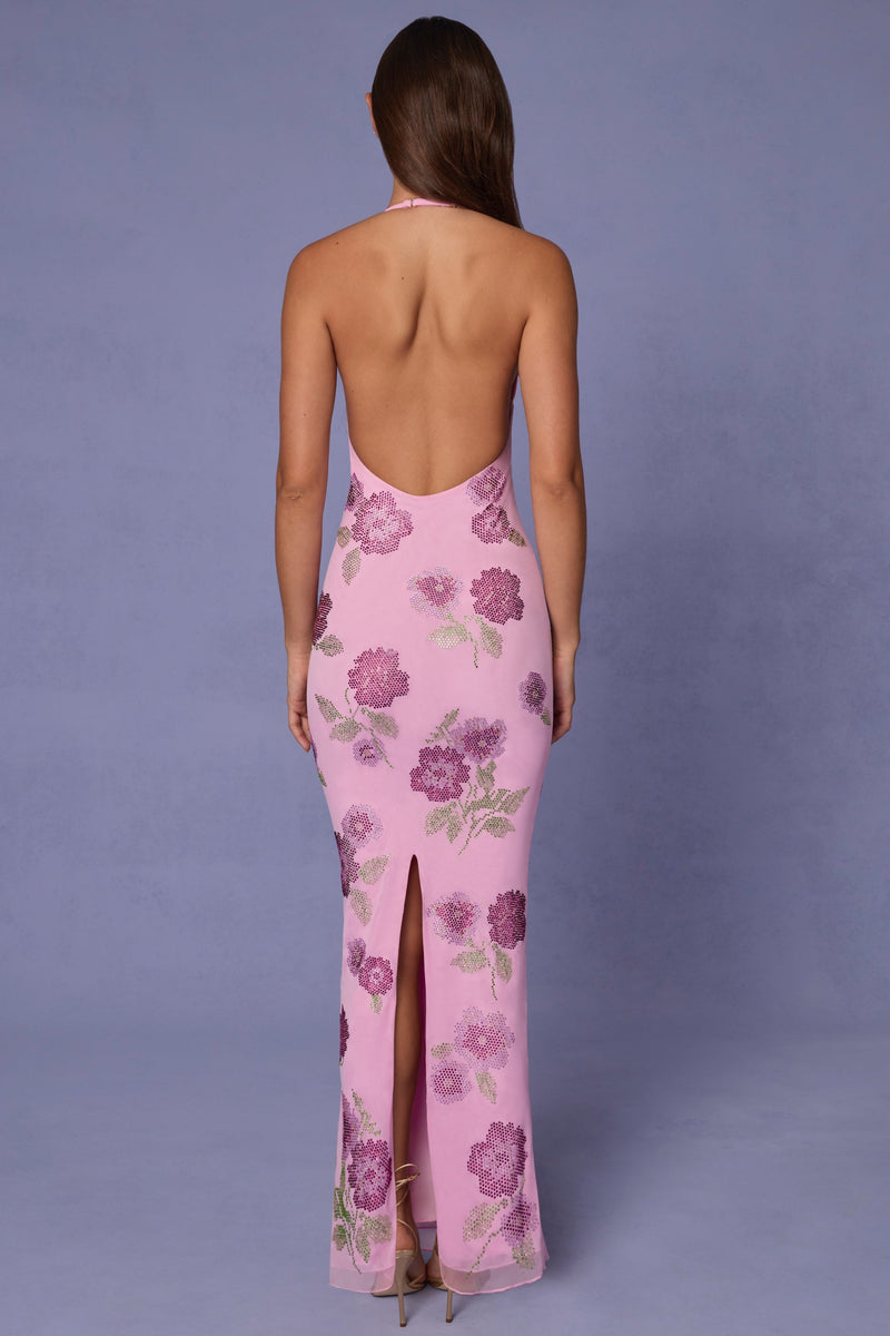 Embellished Halterneck Maxi Dress in Soft Pink