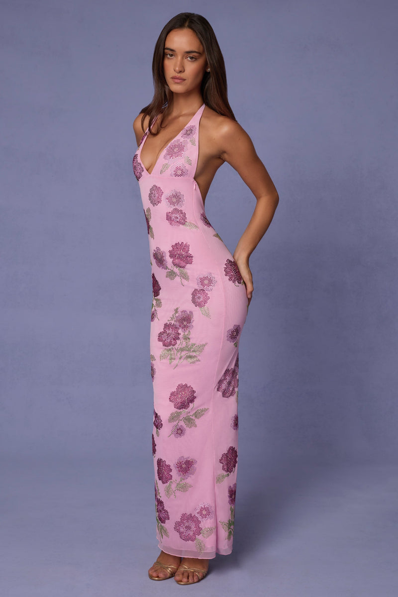 Embellished Halterneck Maxi Dress in Soft Pink