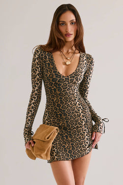 Modal Long-Sleeve A-Line Mini Dress in Leopard Print