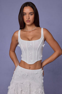 Embellished Lace-Up Corset Top in White