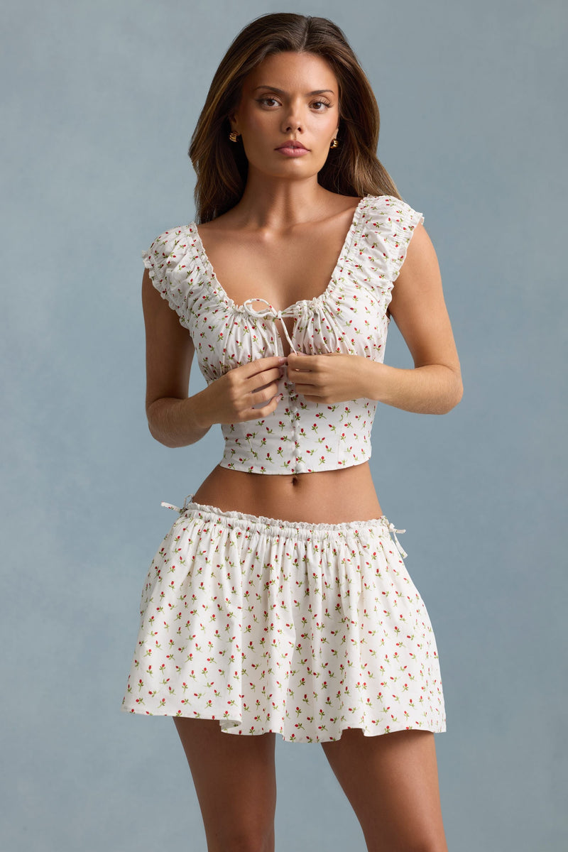 Ruched Cotton-Poplin Mini Skirt in Rose Print