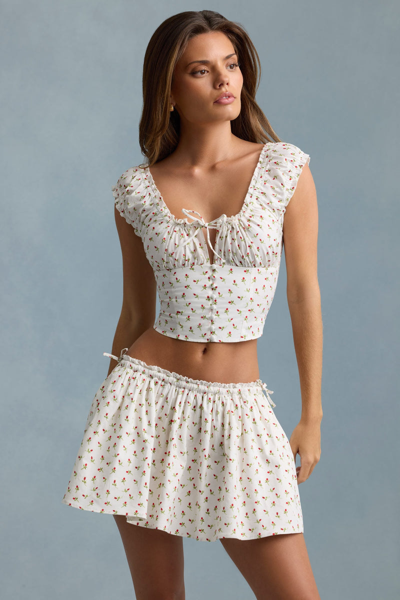 Ruched Cotton-Poplin Mini Skirt in Rose Print