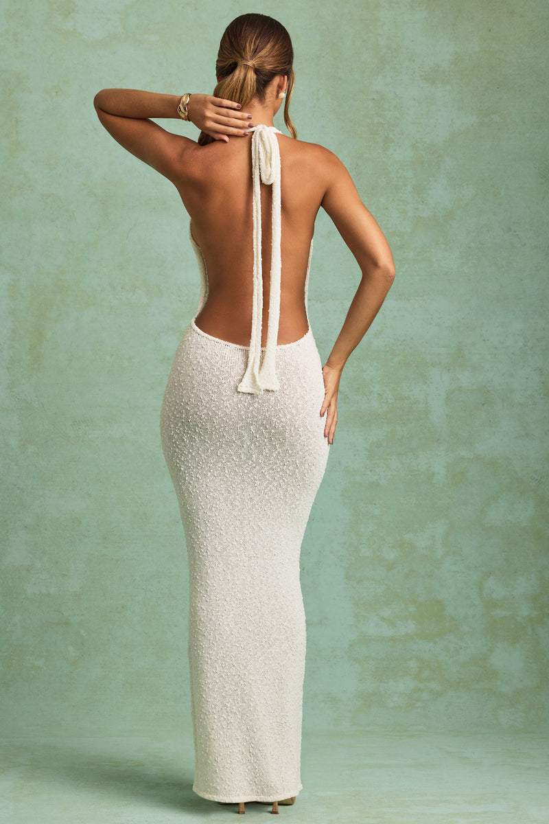 Bouclé Halterneck Maxi Dress in White