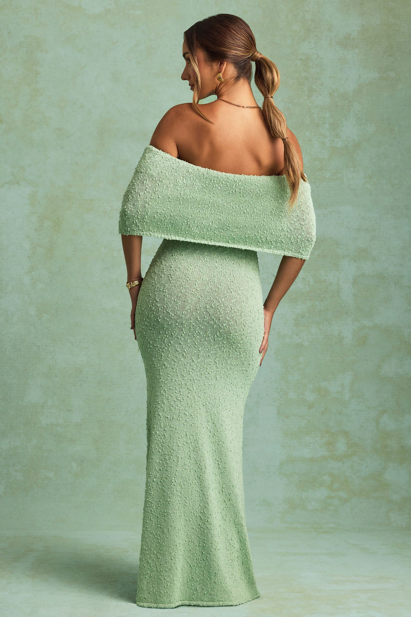 Bouclé Off-Shoulder Maxi Dress in Mint