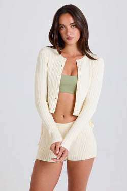 Ribbed-Knit Button-Up Cardigan in Cream
