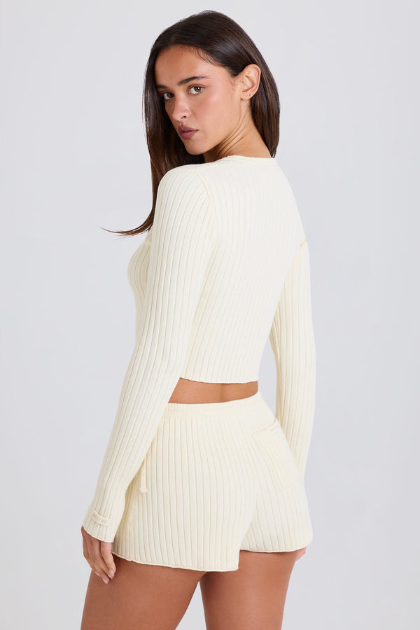 Ribbed-Knit Button-Up Cardigan in Cream