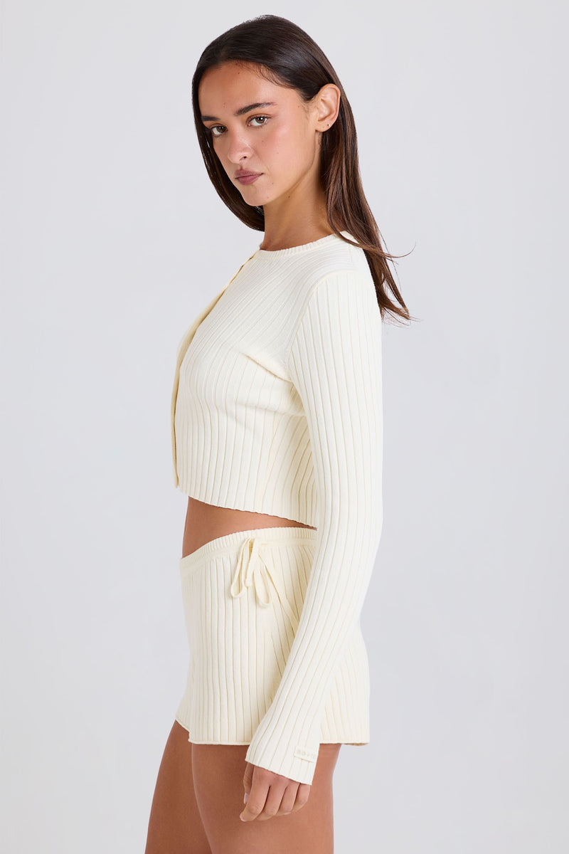 Ribbed-Knit Button-Up Cardigan in Cream