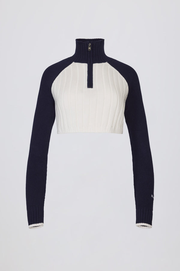 Ribbed-Knit Quarter-Zip Cropped Jumper in Classic Navy