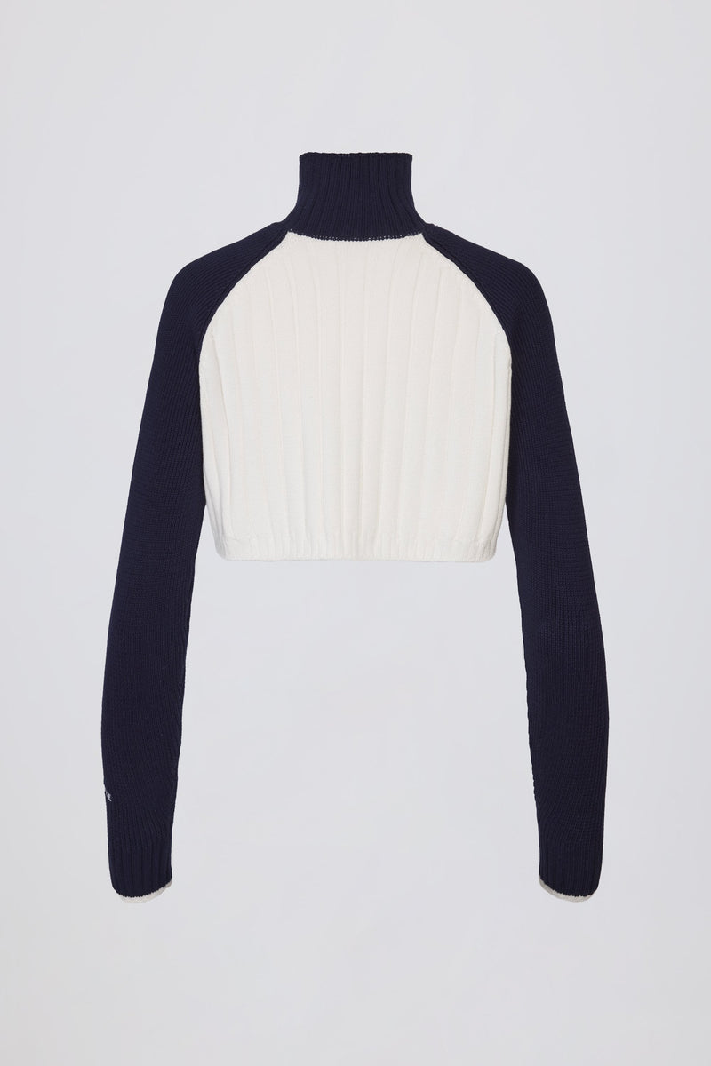 Ribbed-Knit Quarter-Zip Cropped Jumper in Classic Navy