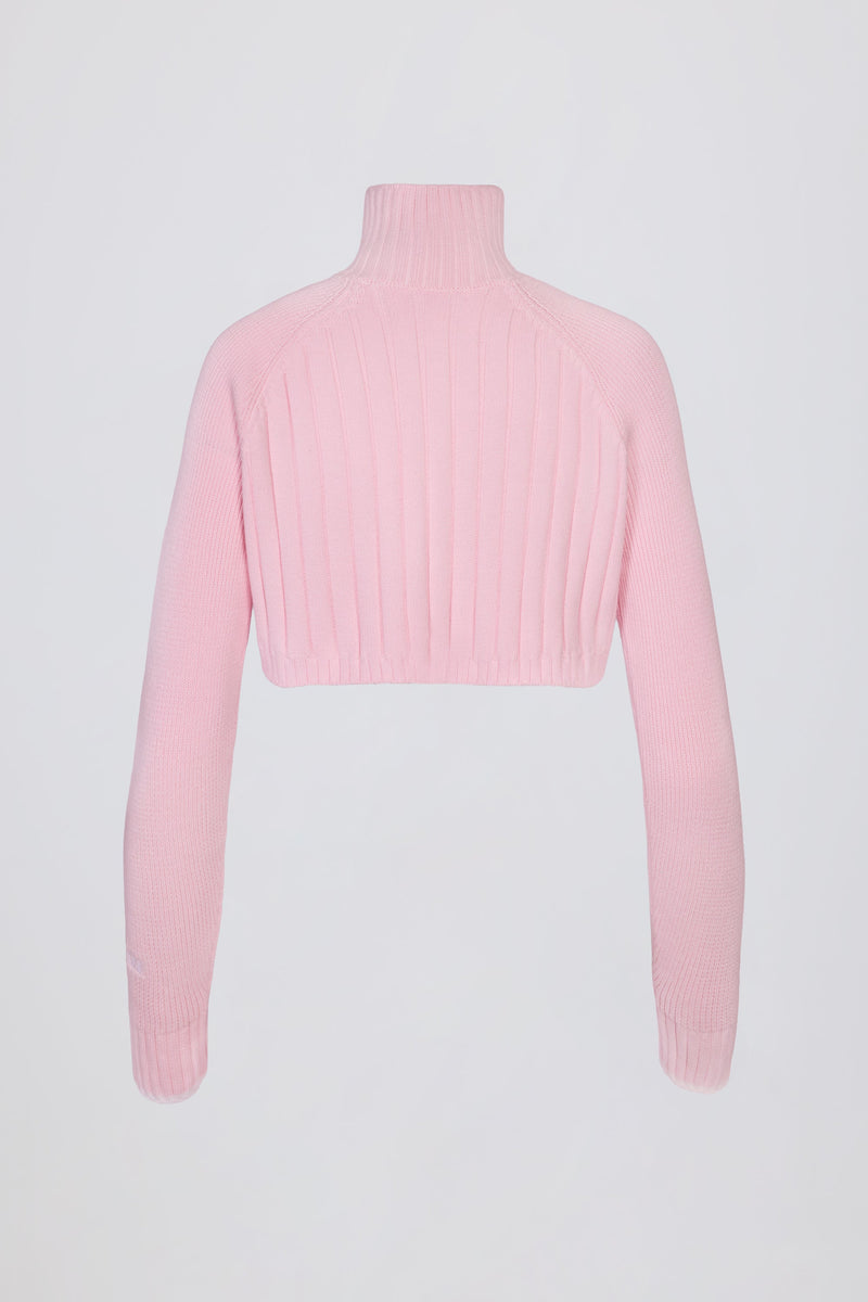 Ribbed-Knit Quarter-Zip Cropped Jumper in Powder Pink