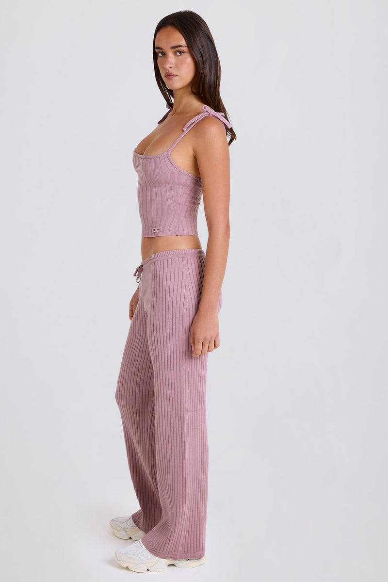 Ribbed-Knit Wide-Leg Joggers in Mauve