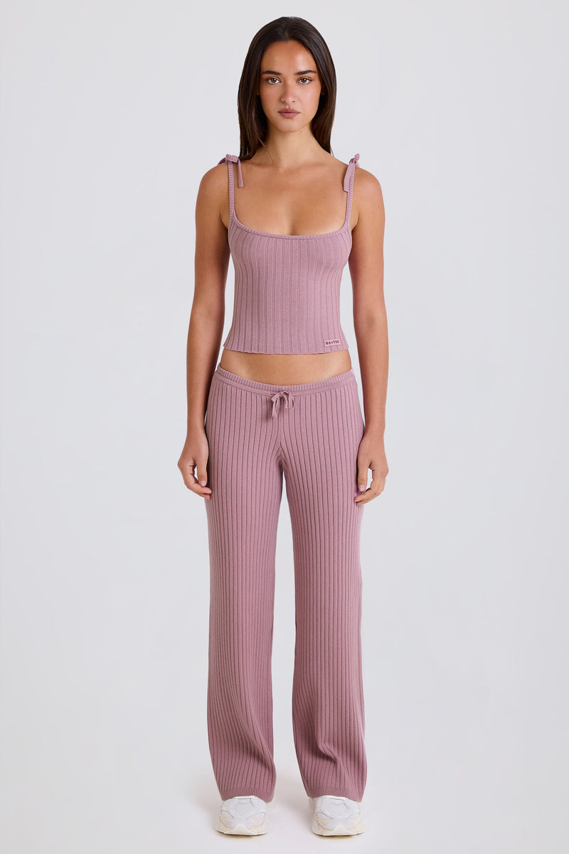 Ribbed-Knit Wide-Leg Joggers in Mauve