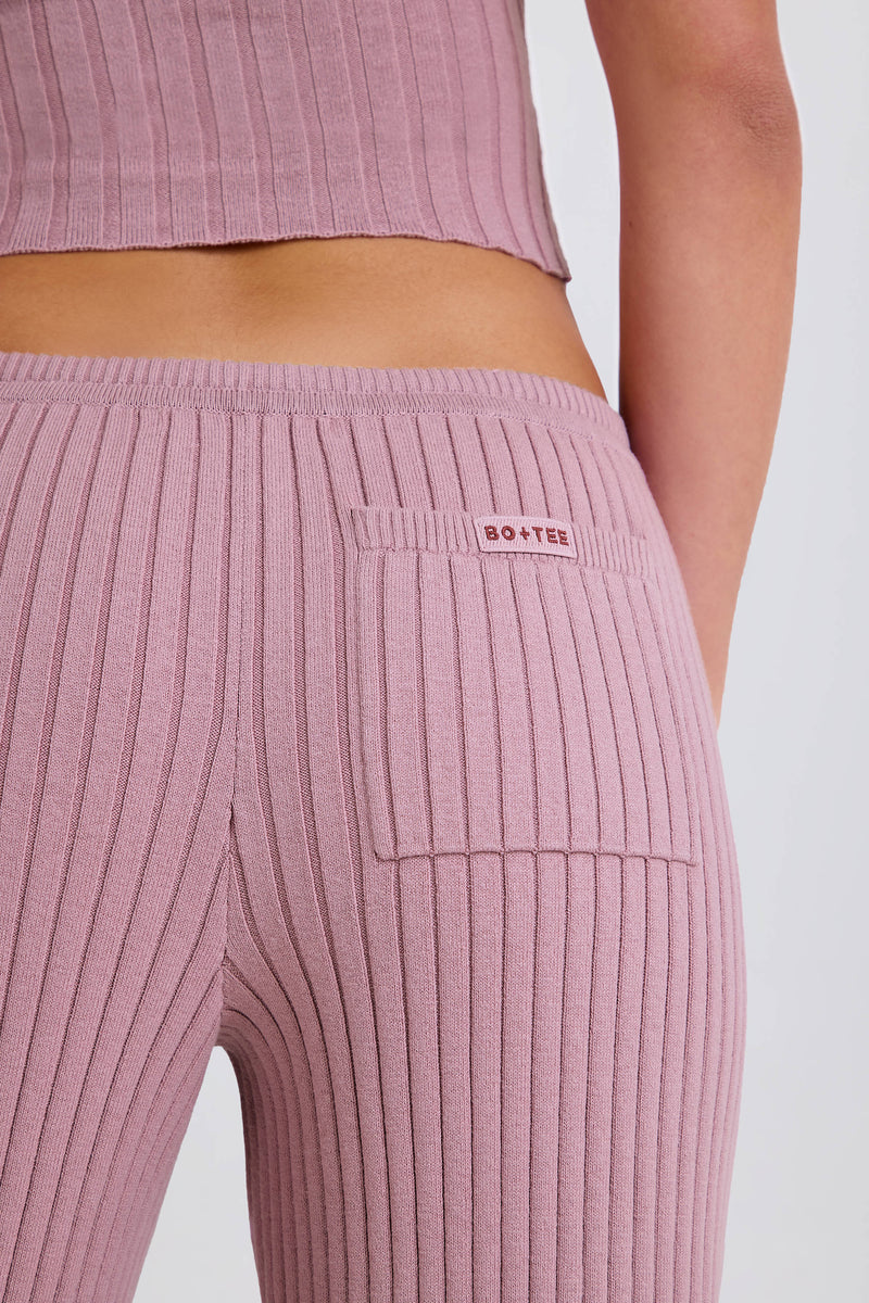 Ribbed-Knit Wide-Leg Joggers in Mauve