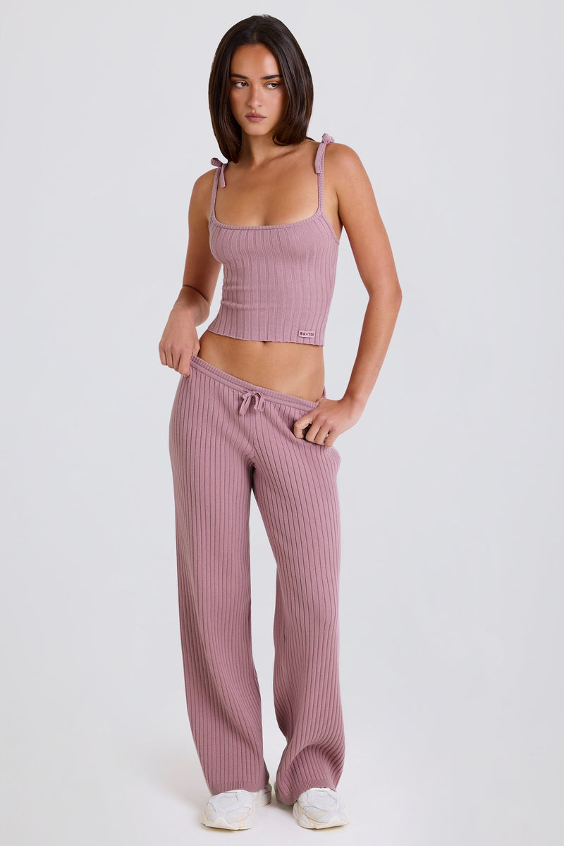 Ribbed-Knit Wide-Leg Joggers in Mauve
