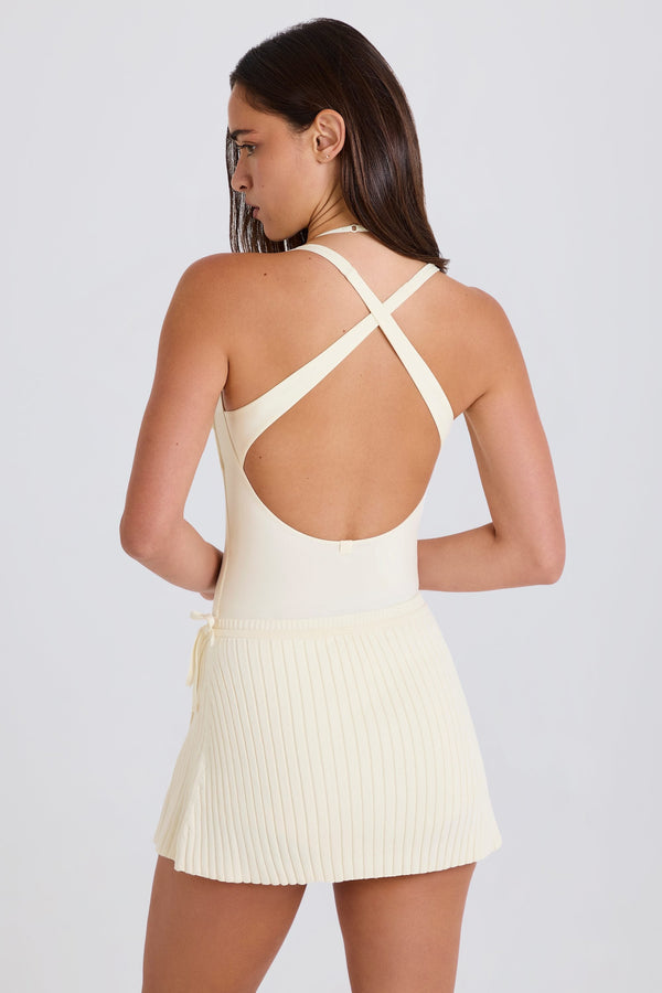 Ribbed-Knit Wrapover Tie Skort in Cream