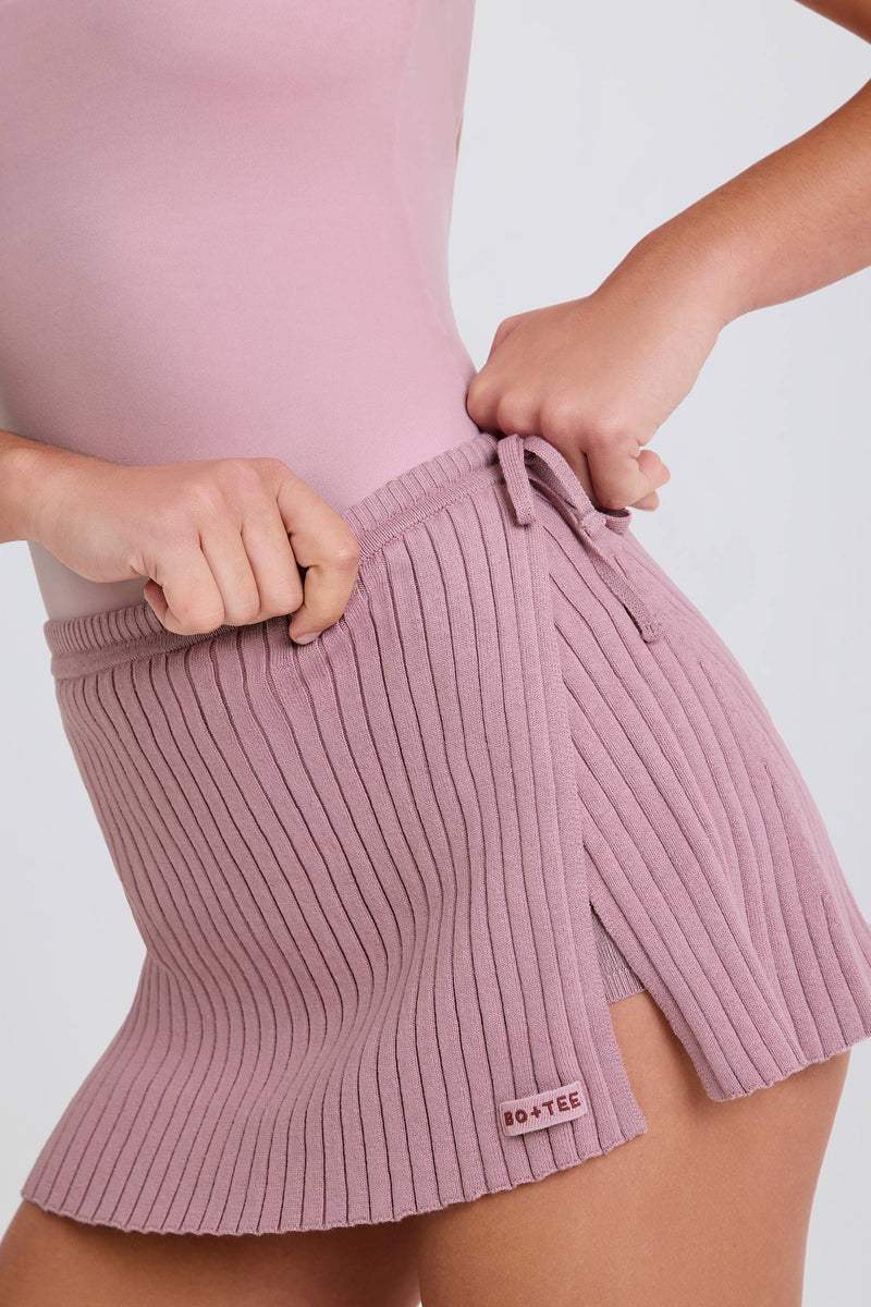 Ribbed-Knit Wrapover Tie Skort in Mauve