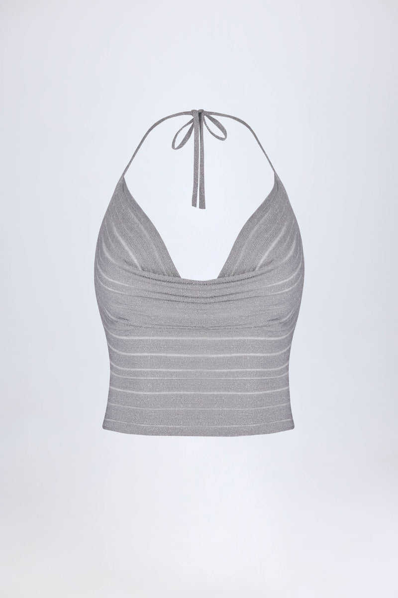 Plunge Halterneck Crop Top in Silver